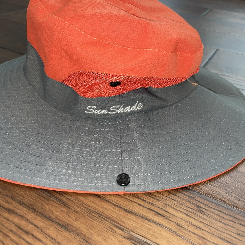 Sun Shade Ladies Wide Brim Sun Hat Orange Grey Mesh Adjustable Ponytail Hole